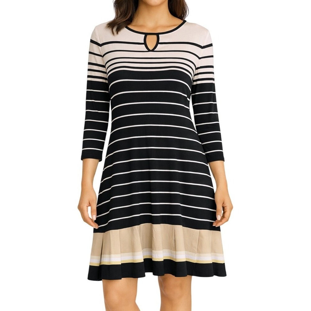 White House Black Market Striped Keyhole Fit Flare Dress Black White Tan XS
